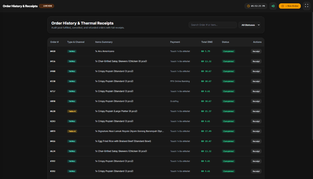 Order History & Thermal Receipts Dashboard